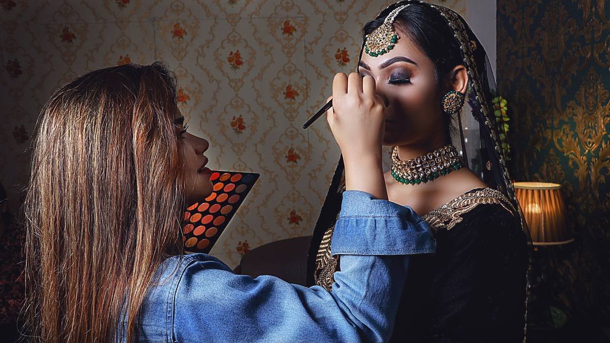Close-up of stage makeup for professionals showing character progression through lighting and contouring